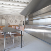 Custom-made stainless steel kitchenette and furniture designed by Jean Nouvel Design for Palazzo Rhinoceros