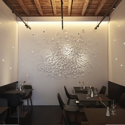 restaurant tables, white walls