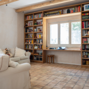 wooden bookcase and window